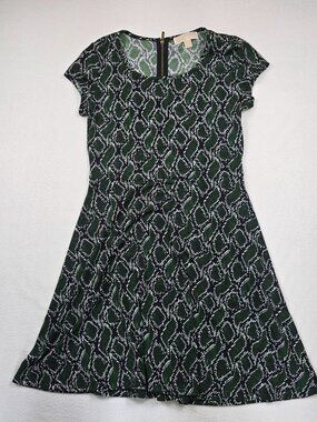 Michael Kors Womens Green & Black Snake Print Dress S Short Sleeve Gold Zipper